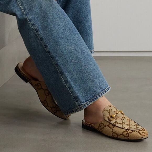 Gucci Princetown Horsebit Detail Leather Canvas Jacquard Mule Slippers Beige 8.5 - Picture 1 of 13